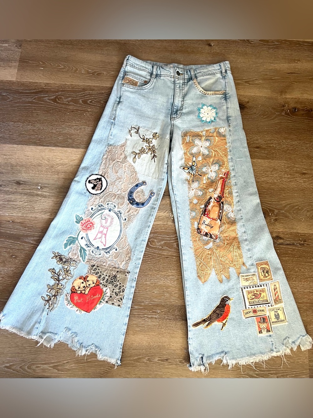 Upcycled Western Boho Festival Hippie patchwork  Embroidered  Wide-Leg Jeans - Picture 2 of 9